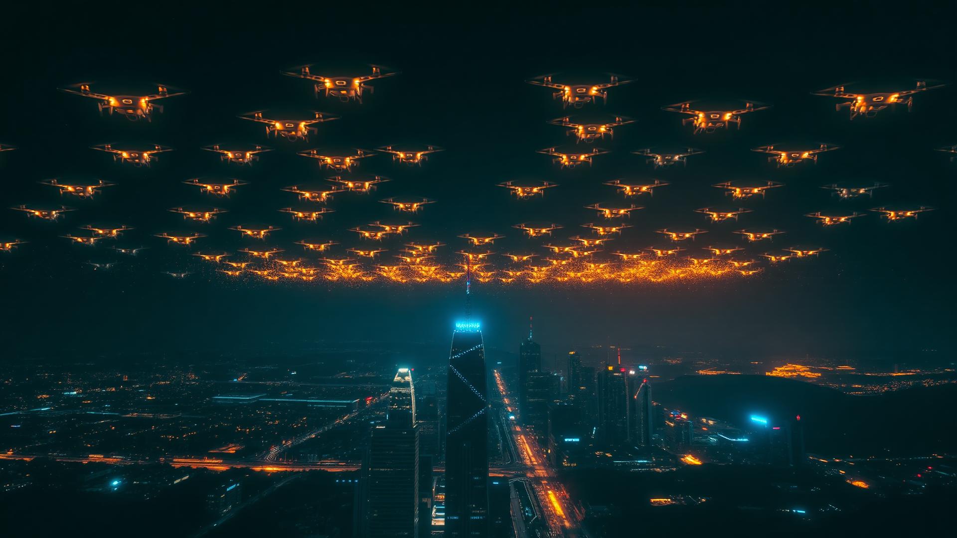 Drone light show illuminating a night city skyline